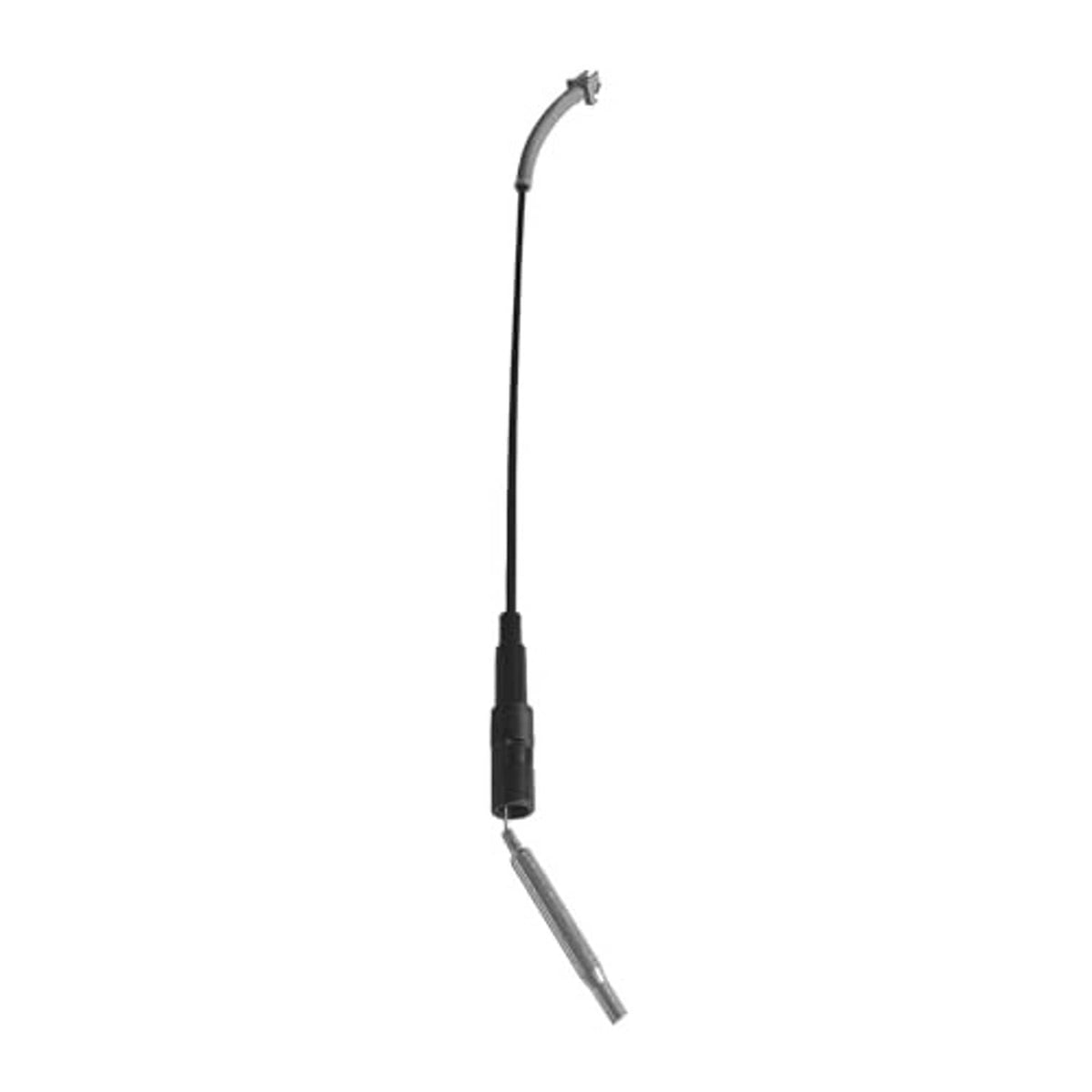 Front seat release cable with black housing, curved gray bracket, and silver metal tab.