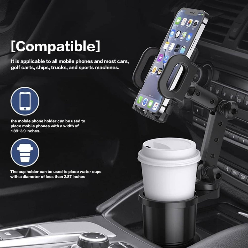 Black 2-in-1 car cup holder phone mount with drink cup insert and phone clamp