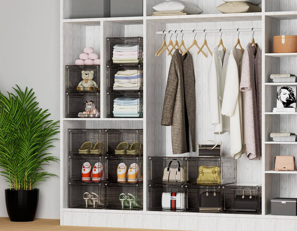 Shoe storage boxes in a closet cubby grid, with shoes and accessories visible through clear doors