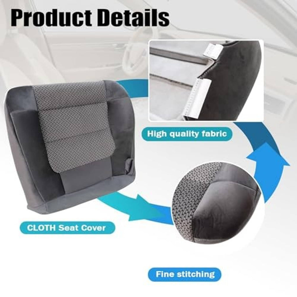 Dark gray cloth seat cover with fine stitching and textured fabric panel