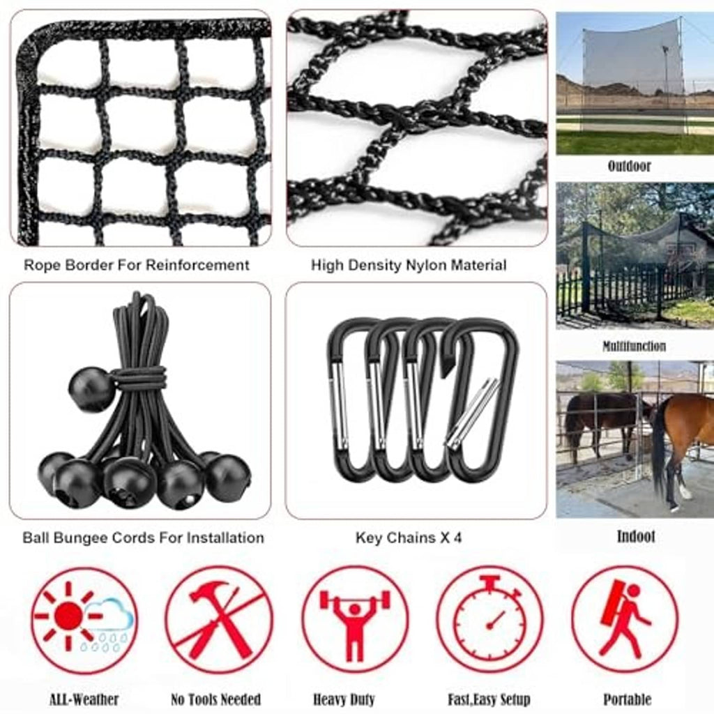 Sports net bundle with rope border, ball bungee cords, and key chain hooks