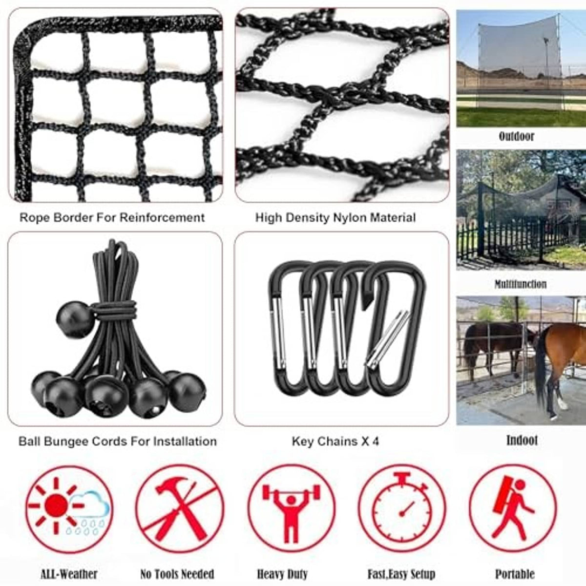 Sports net bundle with rope border, ball bungee cords, and key chain hooks