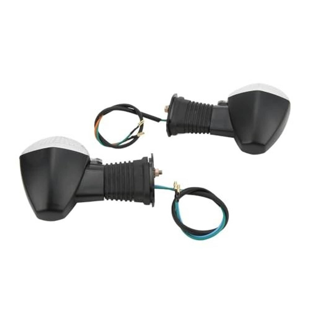 Pair of motorcycle turn signal lights with clear lenses, black housings, and attached wiring