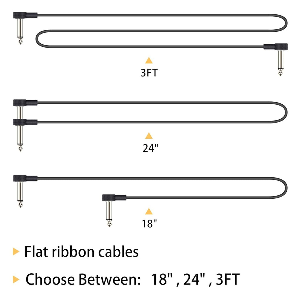 Flat ribbon guitar patch cable options shown at 18, 24, and 3 ft lengths.