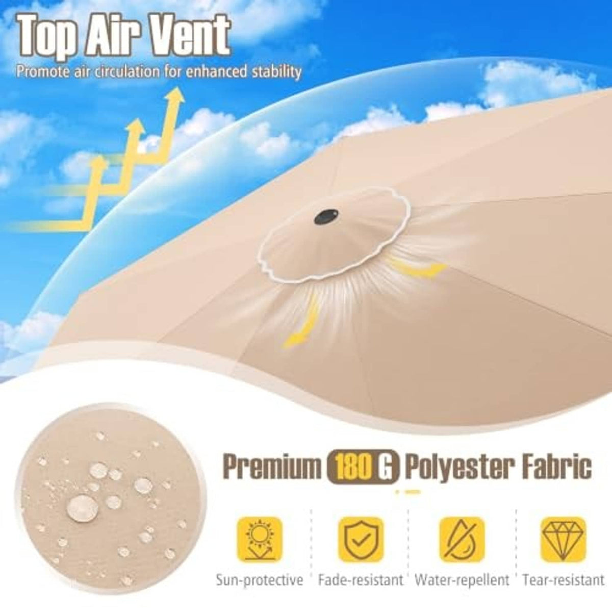 Beige two-tier umbrella canopy with circular top vent and scalloped ruffled edge