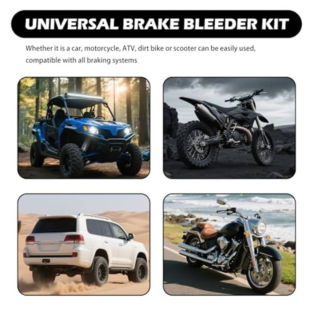 Universal brake bleeder kit set with reservoir bottle, clear hose, and black connector
