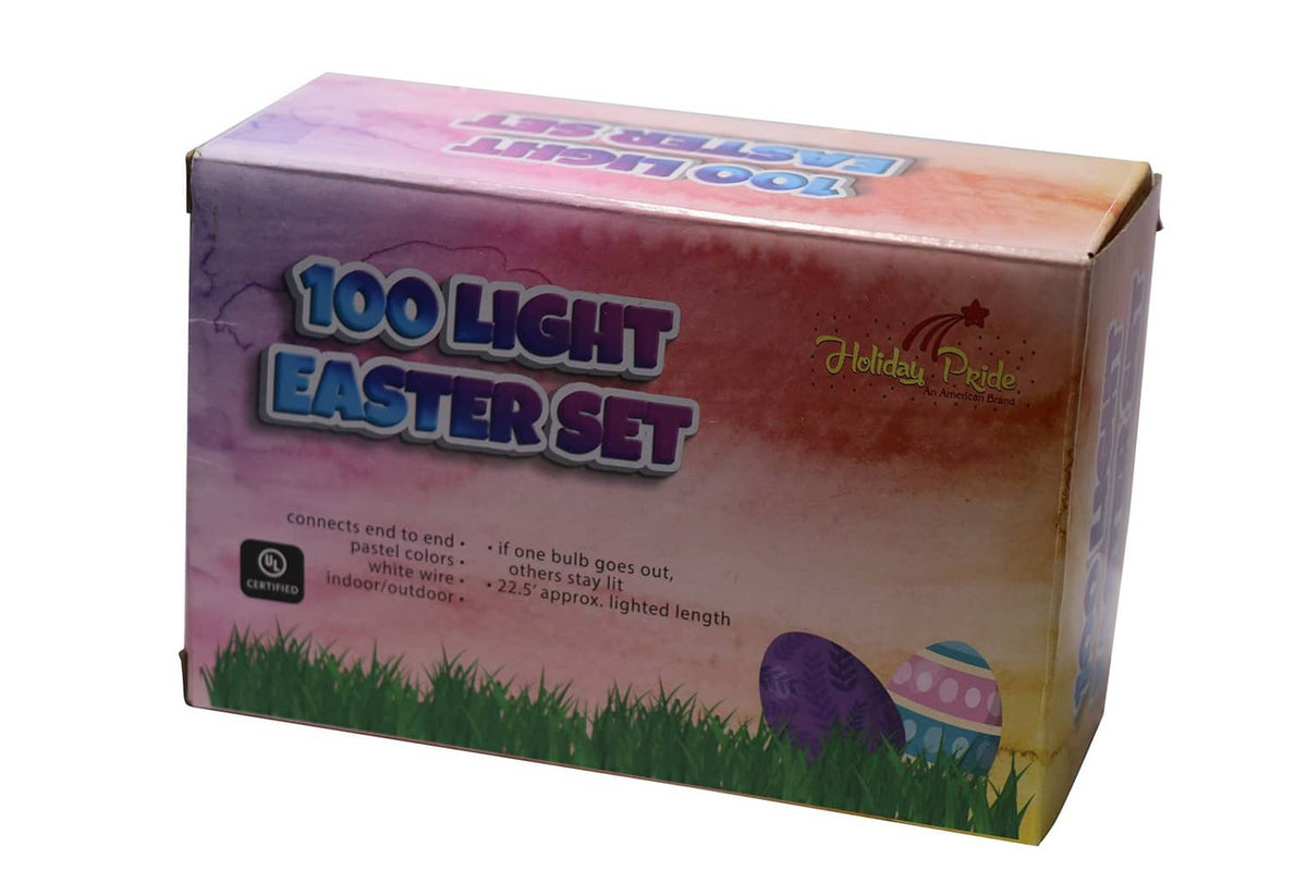 Easter set string light box labeled 100 lights with Holiday Pride branding