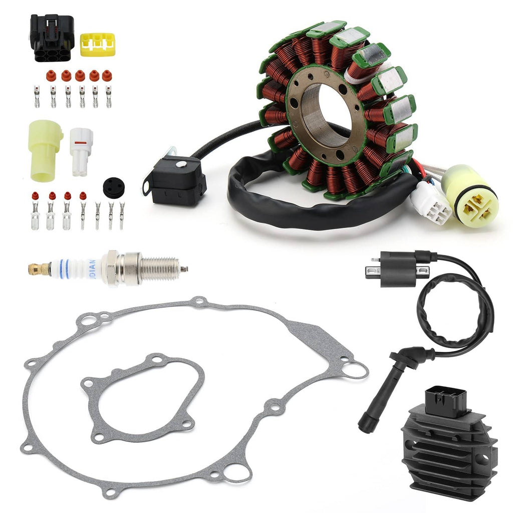 Motorcycle ignition and charging parts kit with stator, rectifier, coil, plug, and gaskets