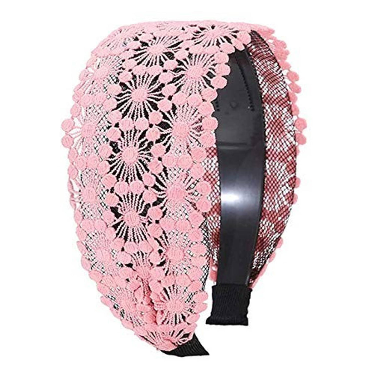 Pink lace headband with floral embroidery and black non-slip inner band