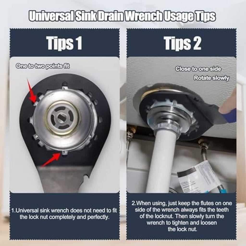 Universal sink drain wrench tips showing fit on a sink strainer locking nut