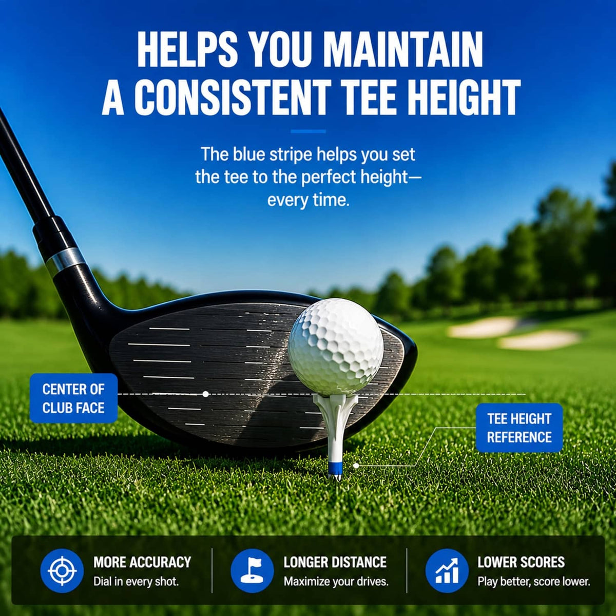 White 5-prong golf tee with blue band and white ball on club head