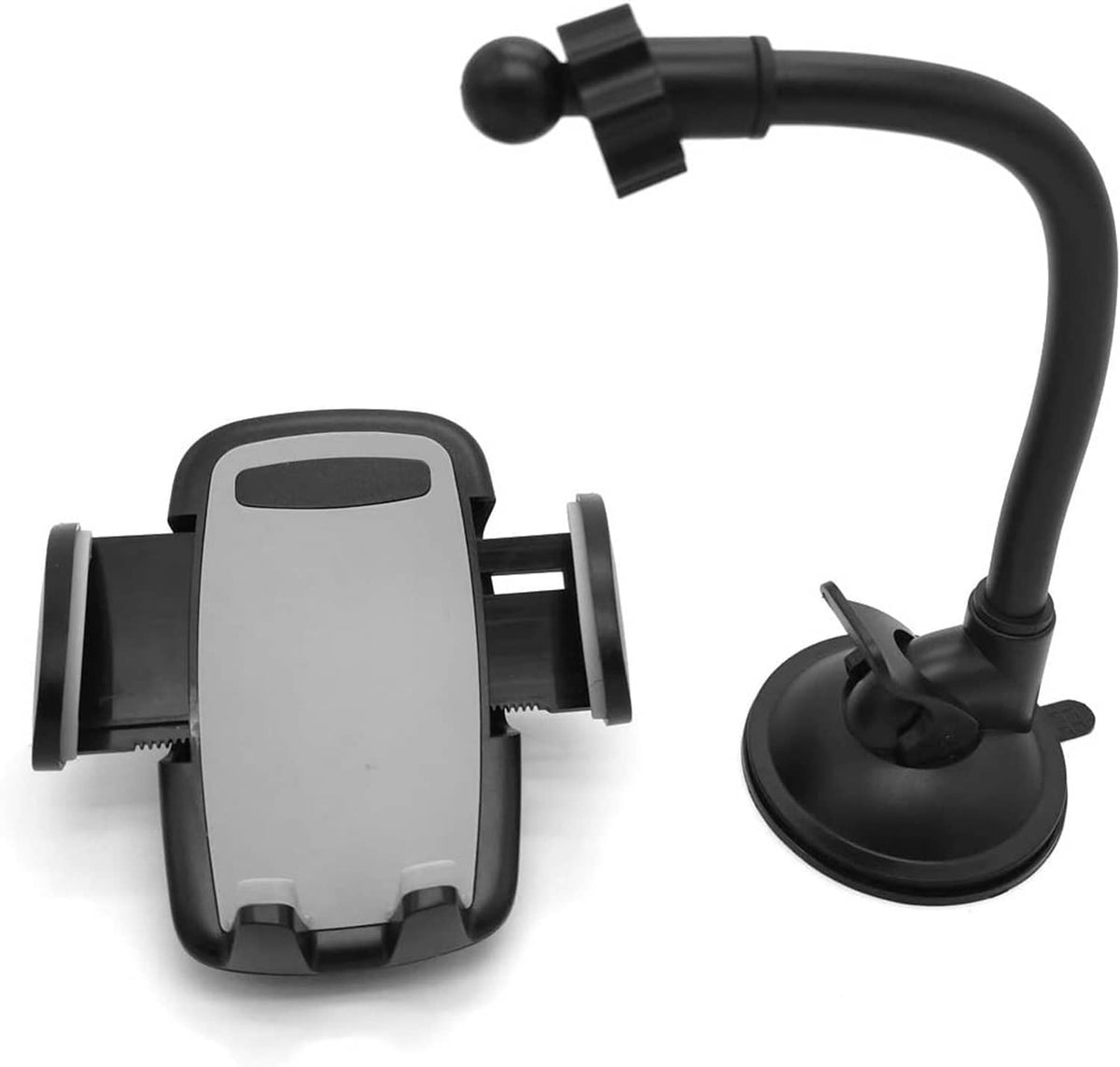 Black suction-based phone holder with flexible gooseneck and cradle, no phone