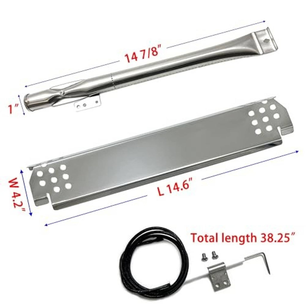 Measuring diagram for grill burner and heat plate with igniter wire and brackets