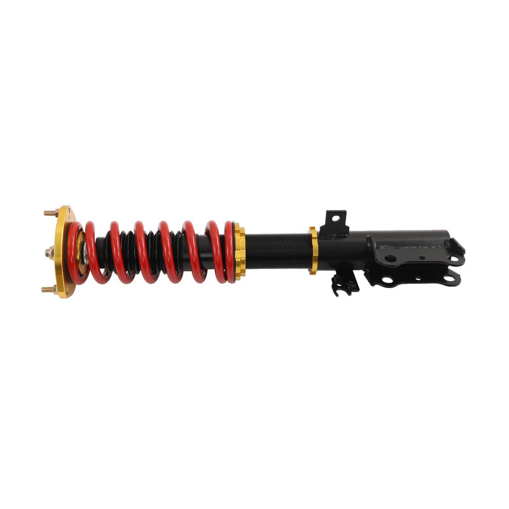 Adjustable height coilover strut assembly with red springs and black bracket