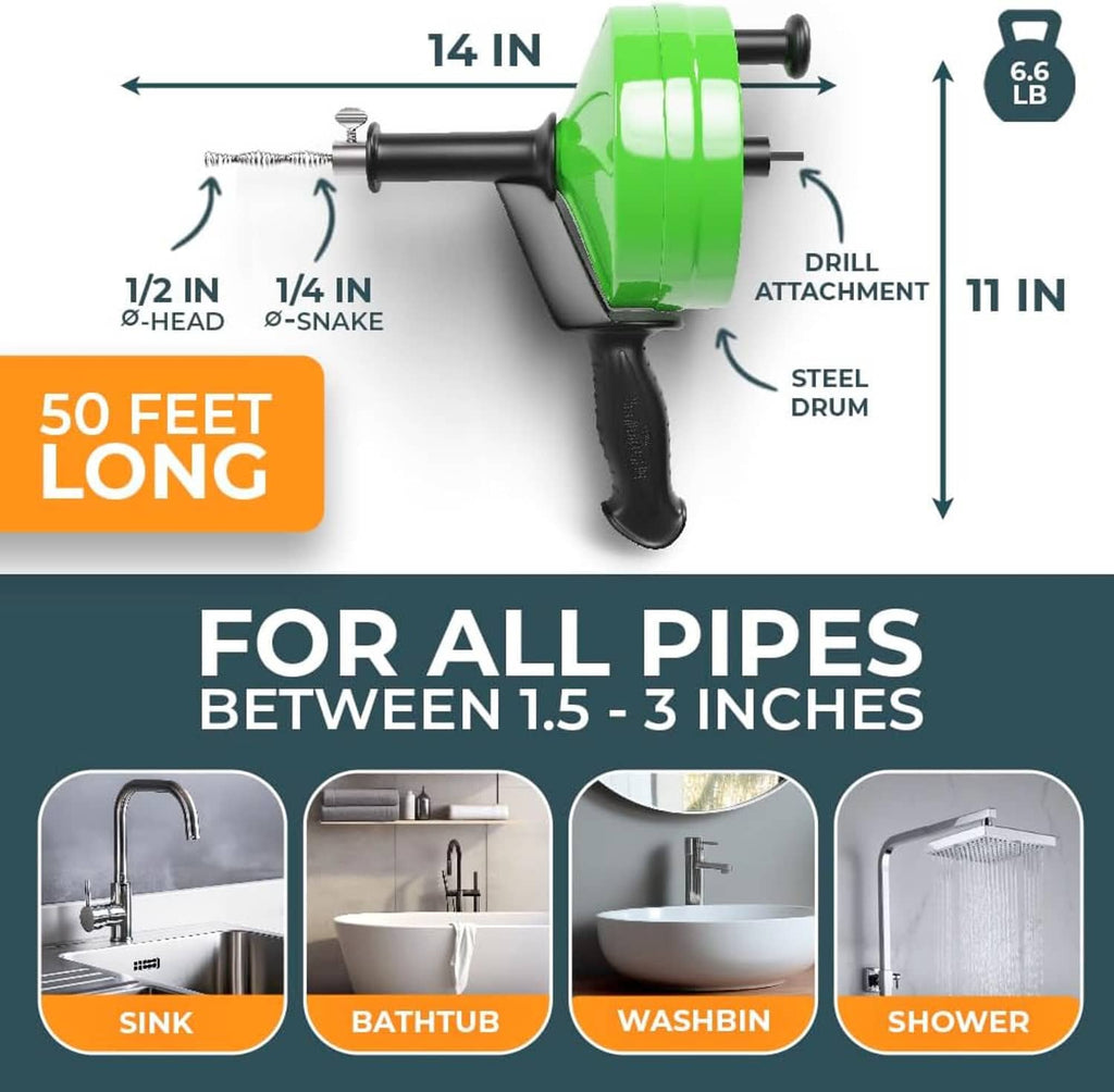 Drain snake length and pipe-fit guide for 1.5–3 inch drains with drill attachment