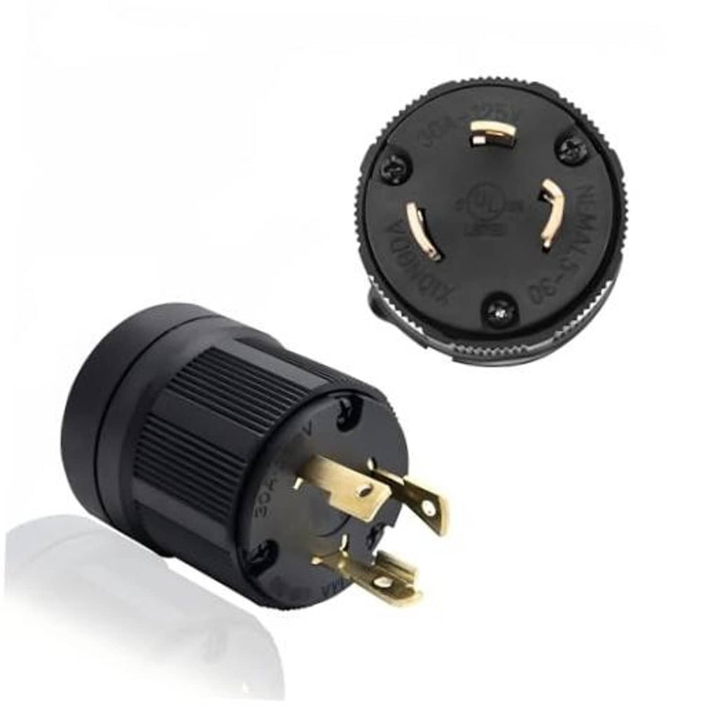 Industrial twist-lock male plug, black body, three gold prongs, round connector face