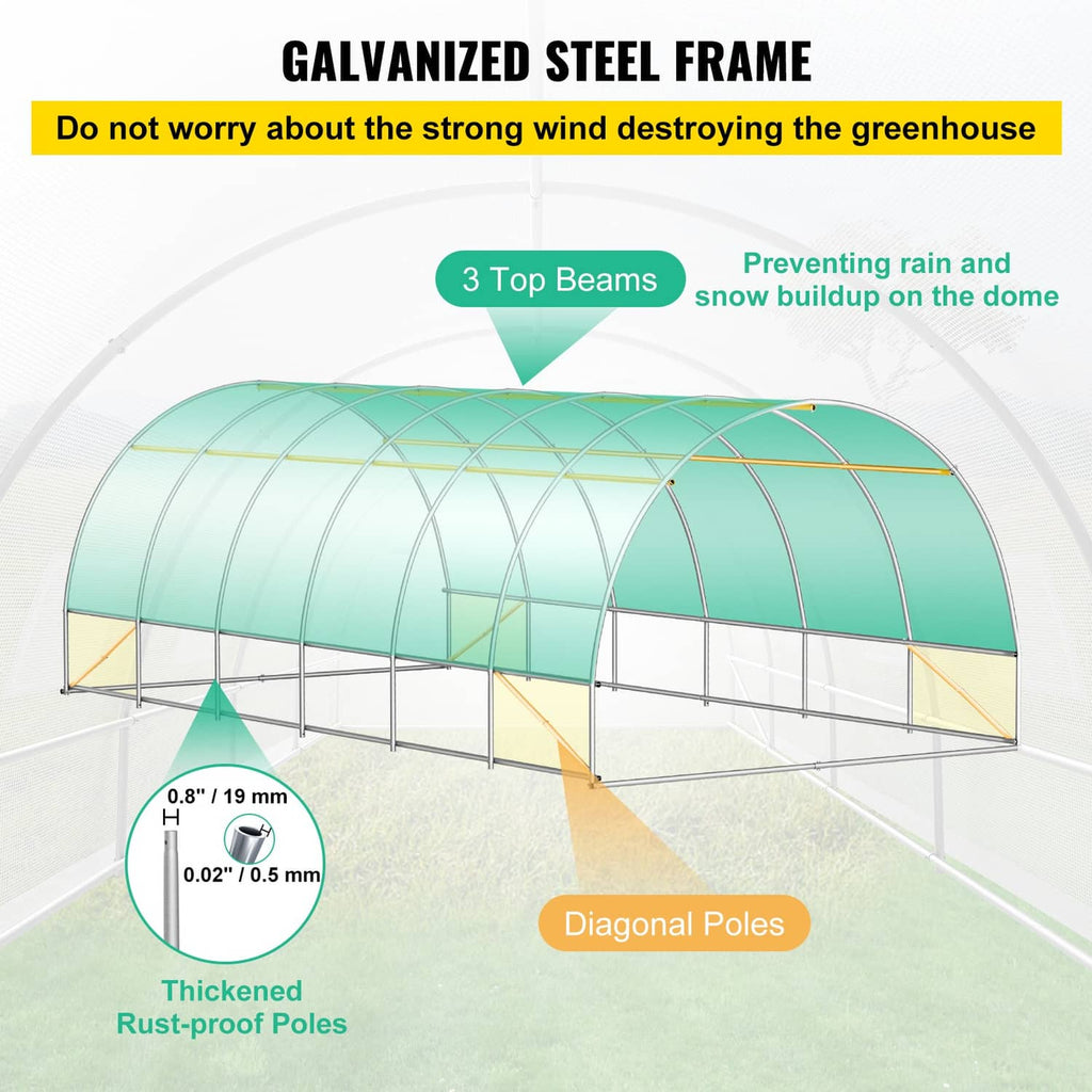 Tunnel greenhouse galvanized frame with curved steel beams and arched cover dome, diagram