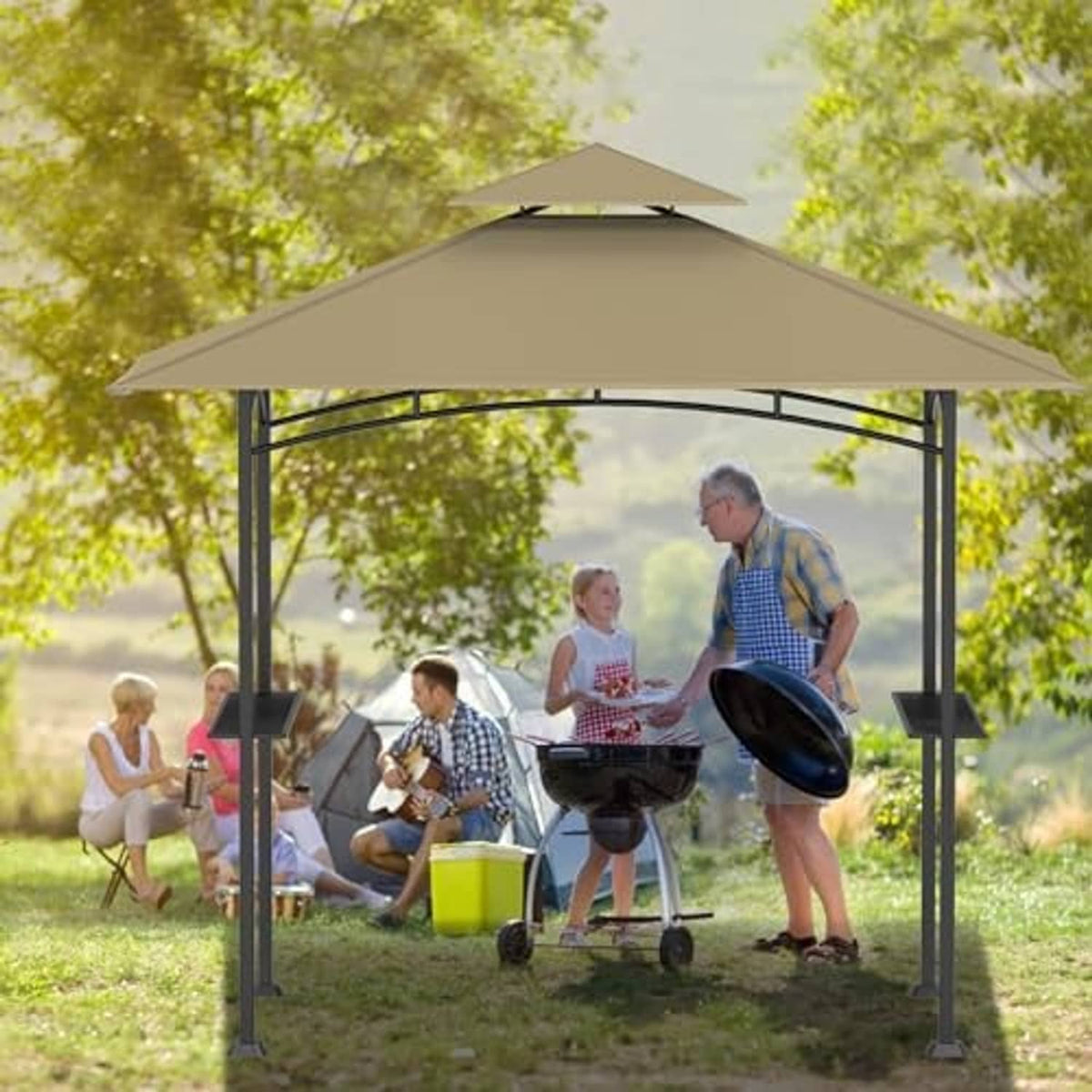 Khaki outdoor grill gazebo canopy top over black metal frame