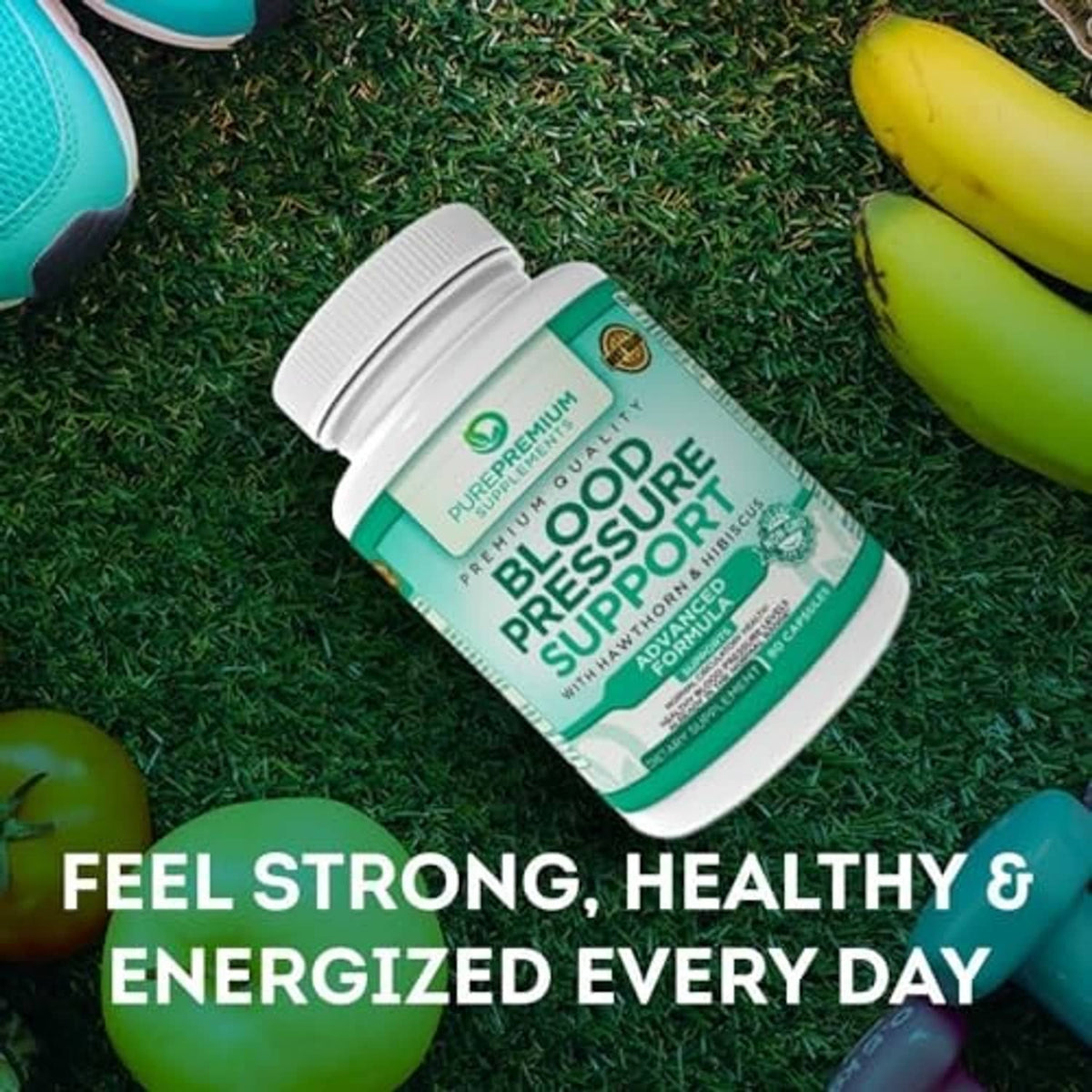 Blood pressure support supplement bottle lying on grass with capsules shown on label