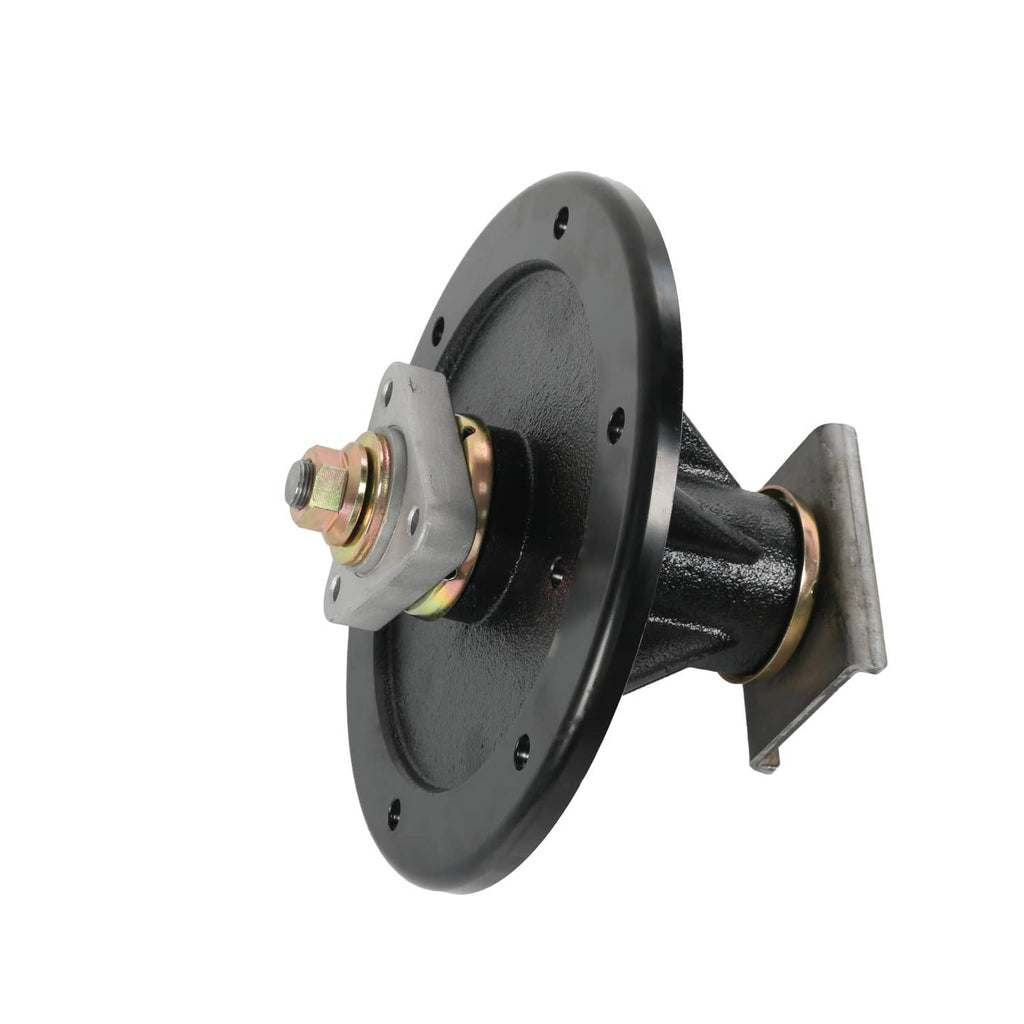 Black deck spindle with mounting flange and metal hub, side view
