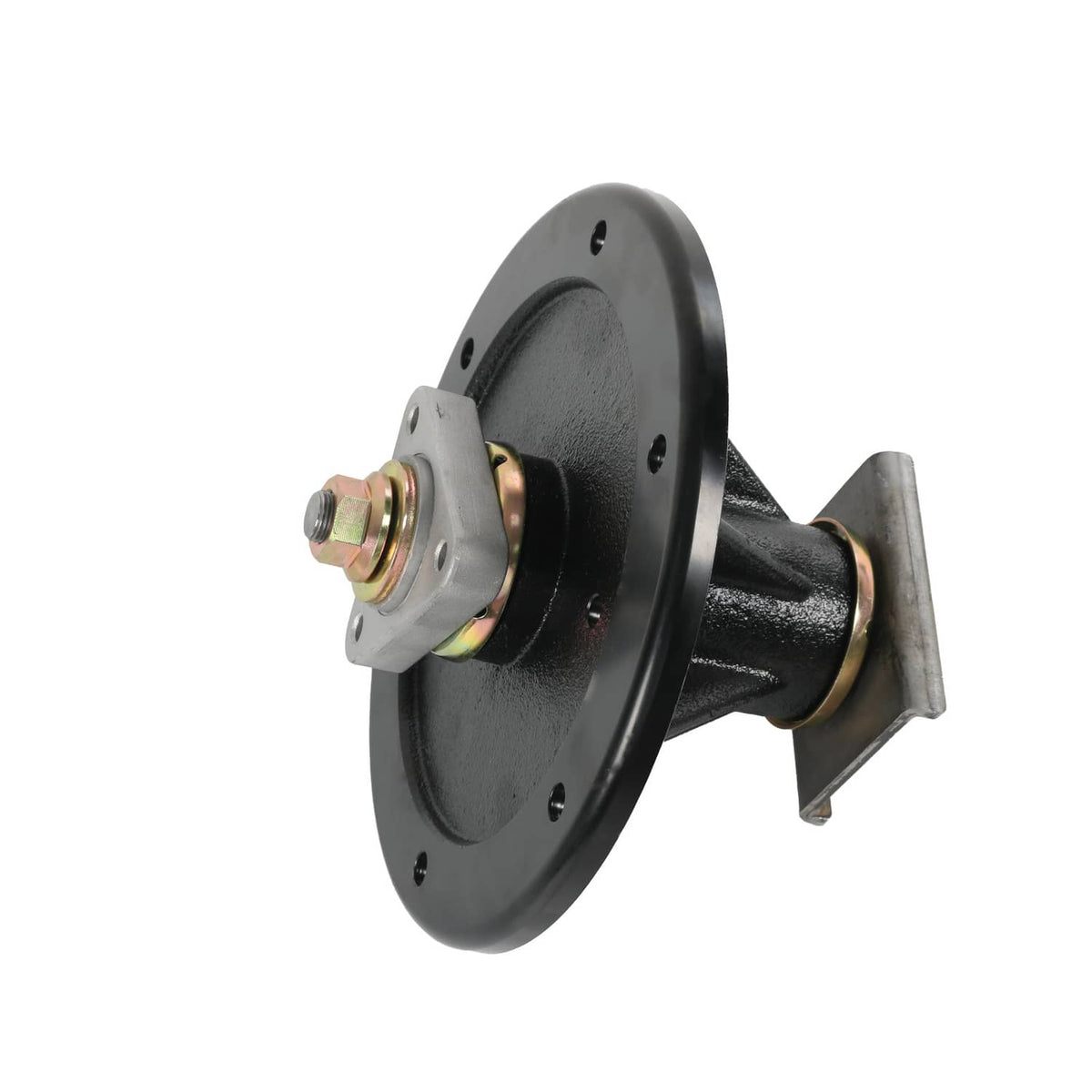 Black deck spindle with mounting flange and metal hub, side view