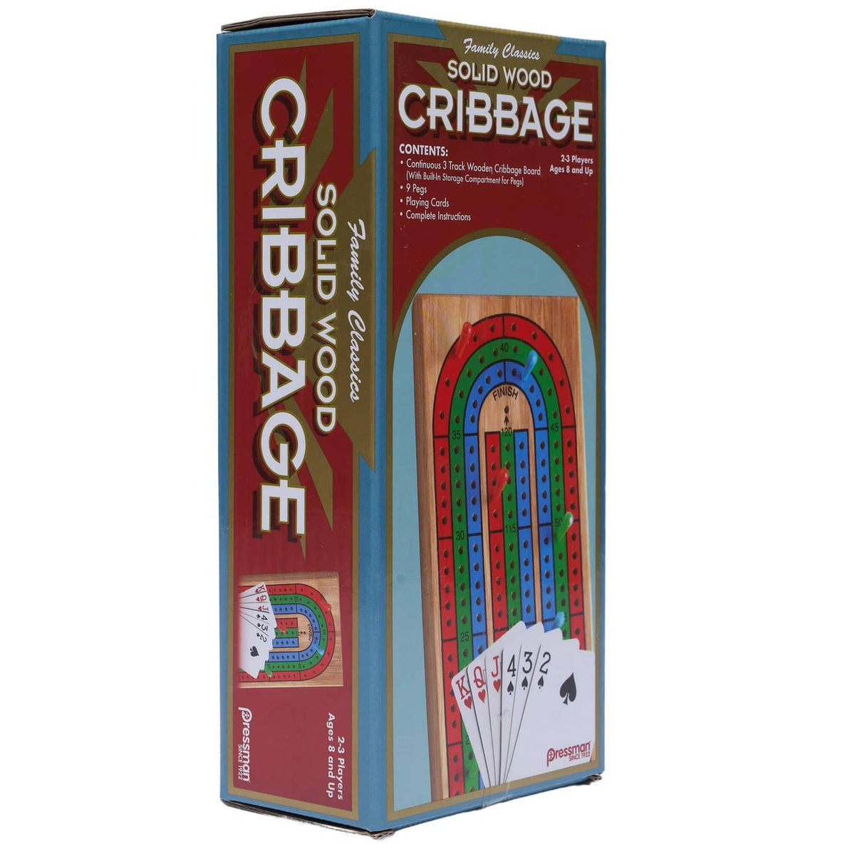 Pressman solid wood cribbage game box with side panel art and board illustration