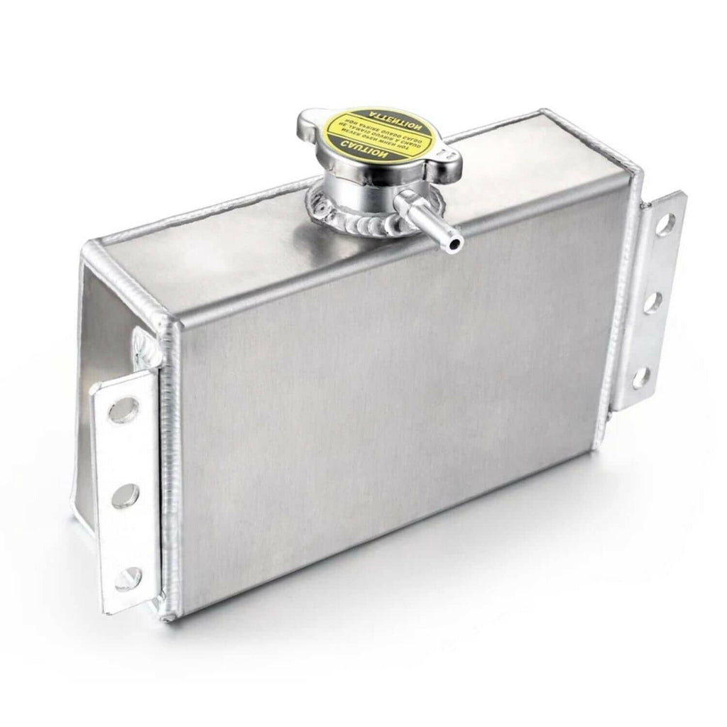 Aluminum coolant overflow reservoir tank with screw cap and outlet tube