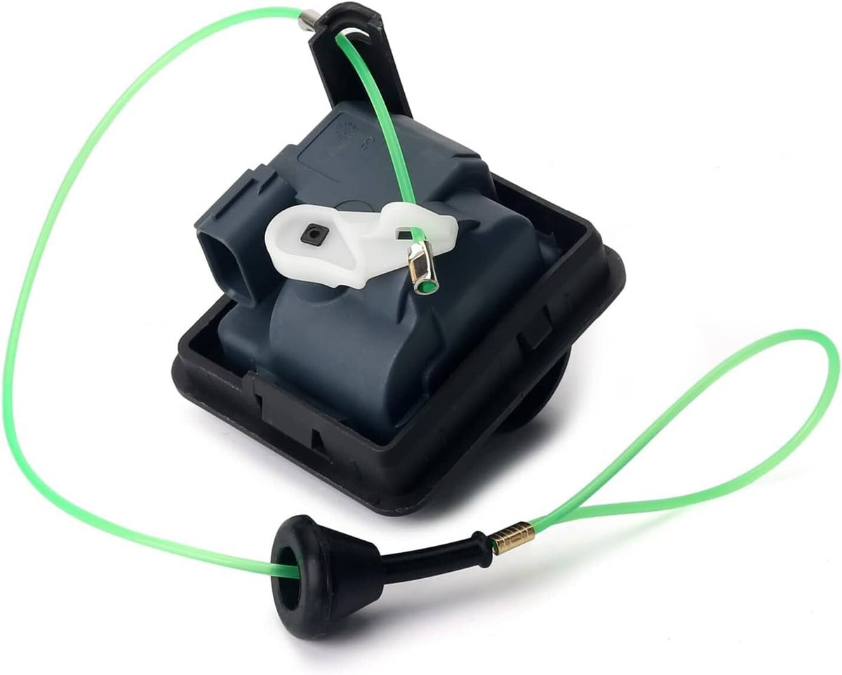 Fuel lid actuator gas door assembly, black rectangular module with white connector and wiring.