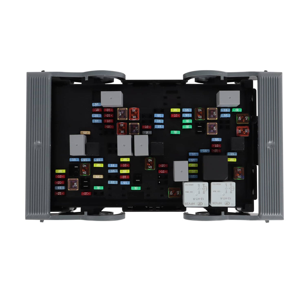 Vehicle fuse relay junction block with colored fuses and relays, open housing view