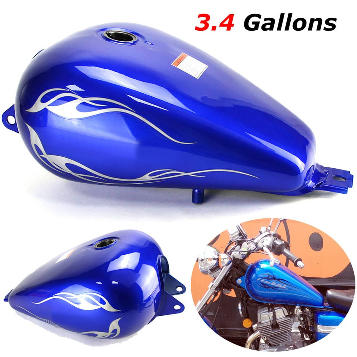 Blue 3.4-gallon motorcycle fuel tank with fuel cap opening and white stripe graphic