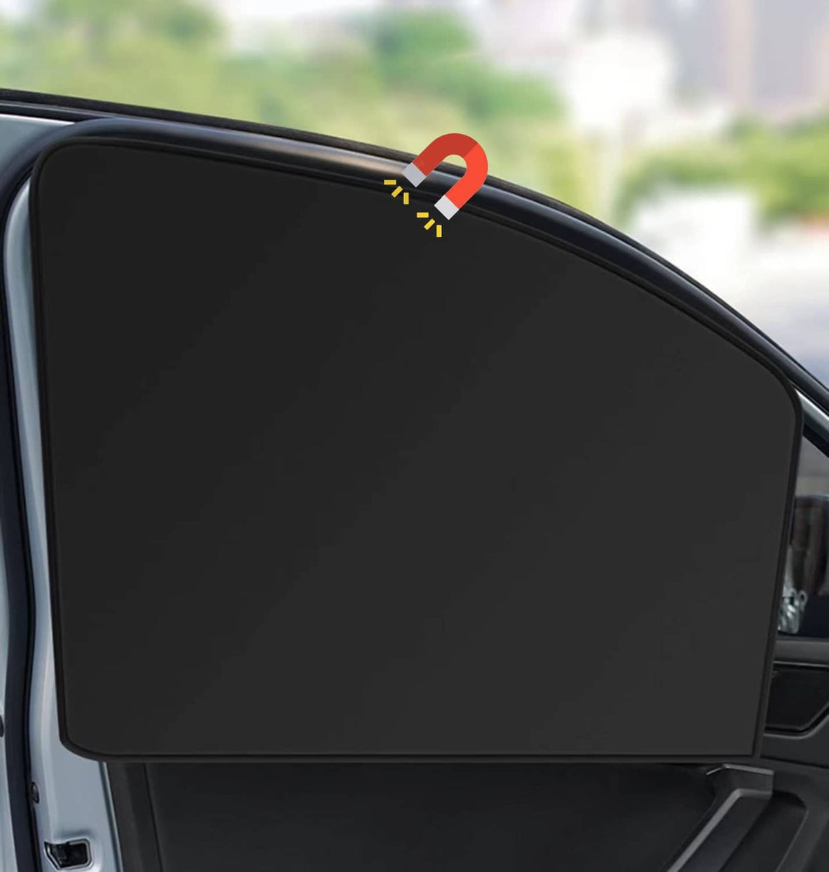 Car side window sun shade pair, black fold-in panel for front seat windows