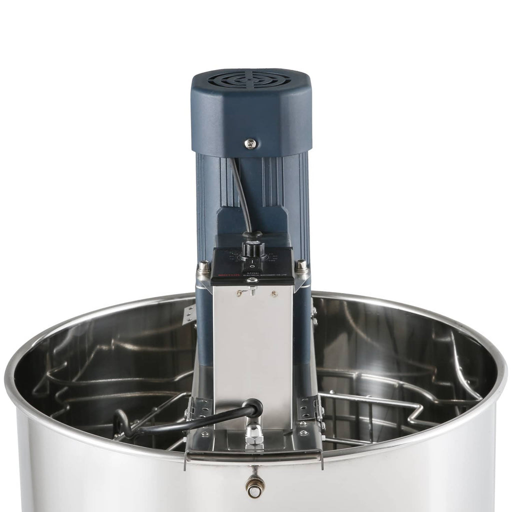 Electric honey extractor head with circular frame basket and honey outlet valve