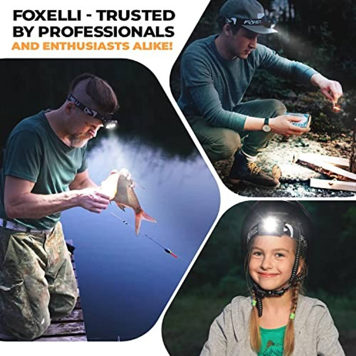 Foxelli rechargeable LED headlamp used by outdoorsmen in low-light tasks