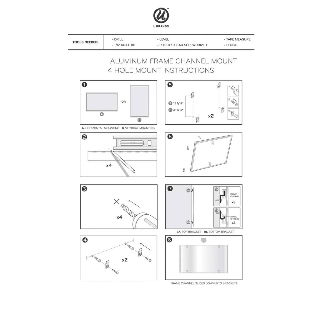 Aluminum frame channel mount installation diagram for a whiteboard