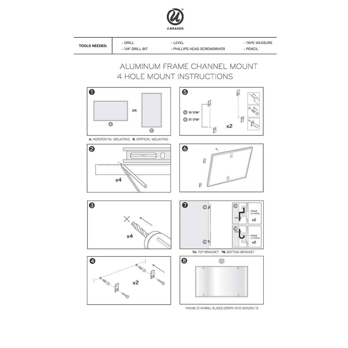Aluminum frame channel mount installation diagram for a whiteboard