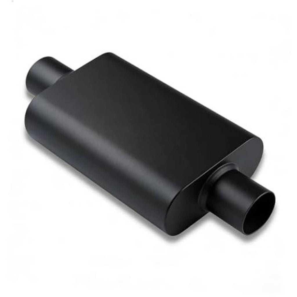 Black exhaust muffler, smooth rectangular body with one angled outlet stub.