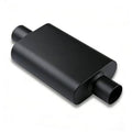 Black exhaust muffler, smooth rectangular body with one angled outlet stub.