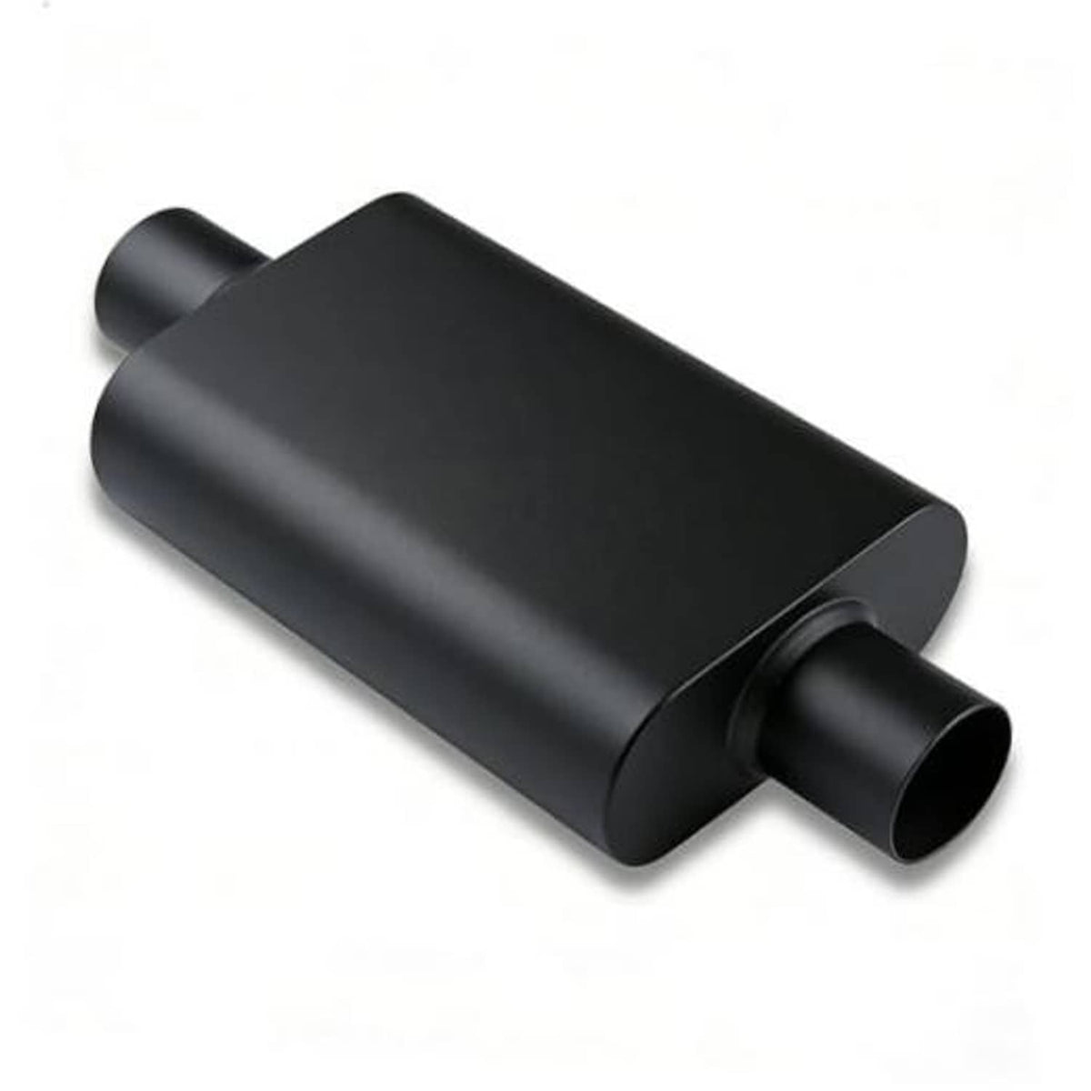 Black exhaust muffler, smooth rectangular body with one angled outlet stub.