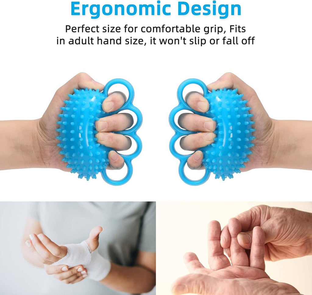 Blue spiky finger therapy grip ball with 5 finger loops held by two hands