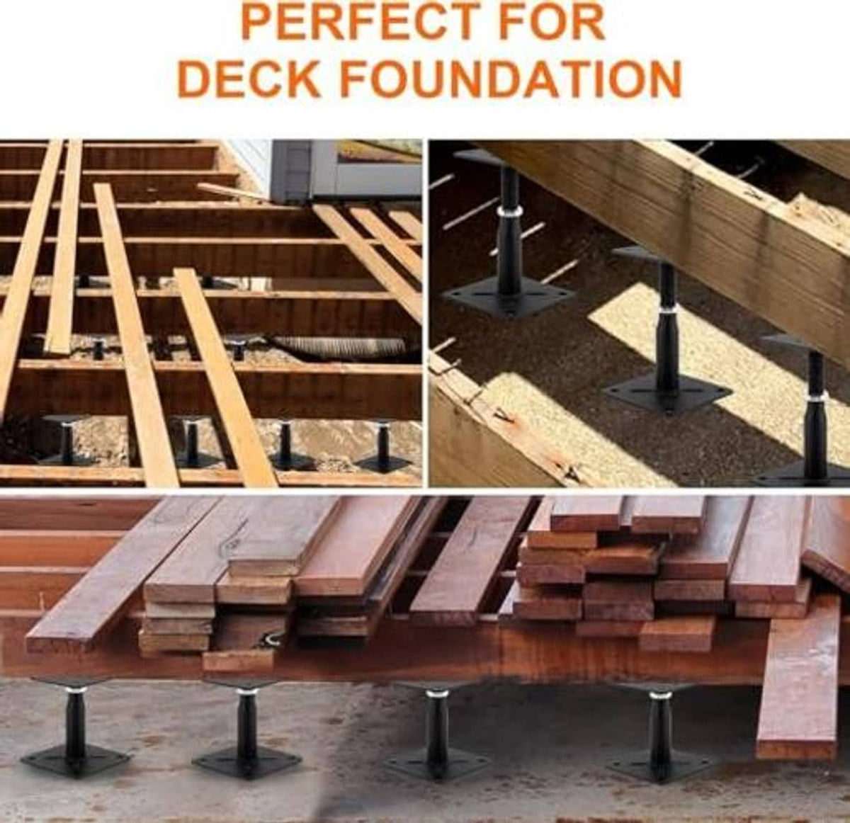 Multiple black pedestal jacks lifting a wooden deck frame above gravel