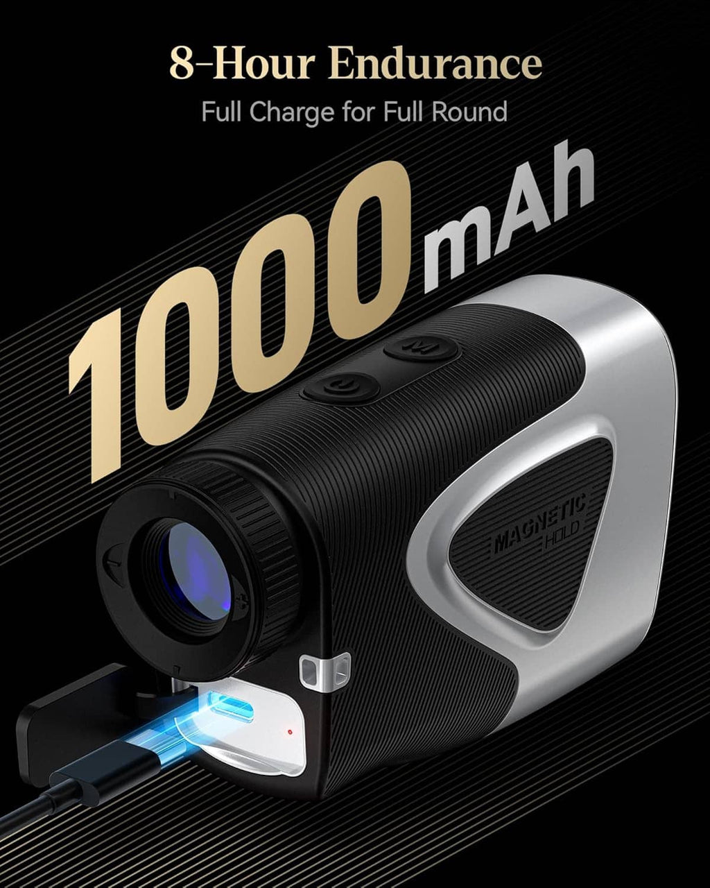 Golf laser rangefinder with 1000 mAh battery label and charging port, silver and black