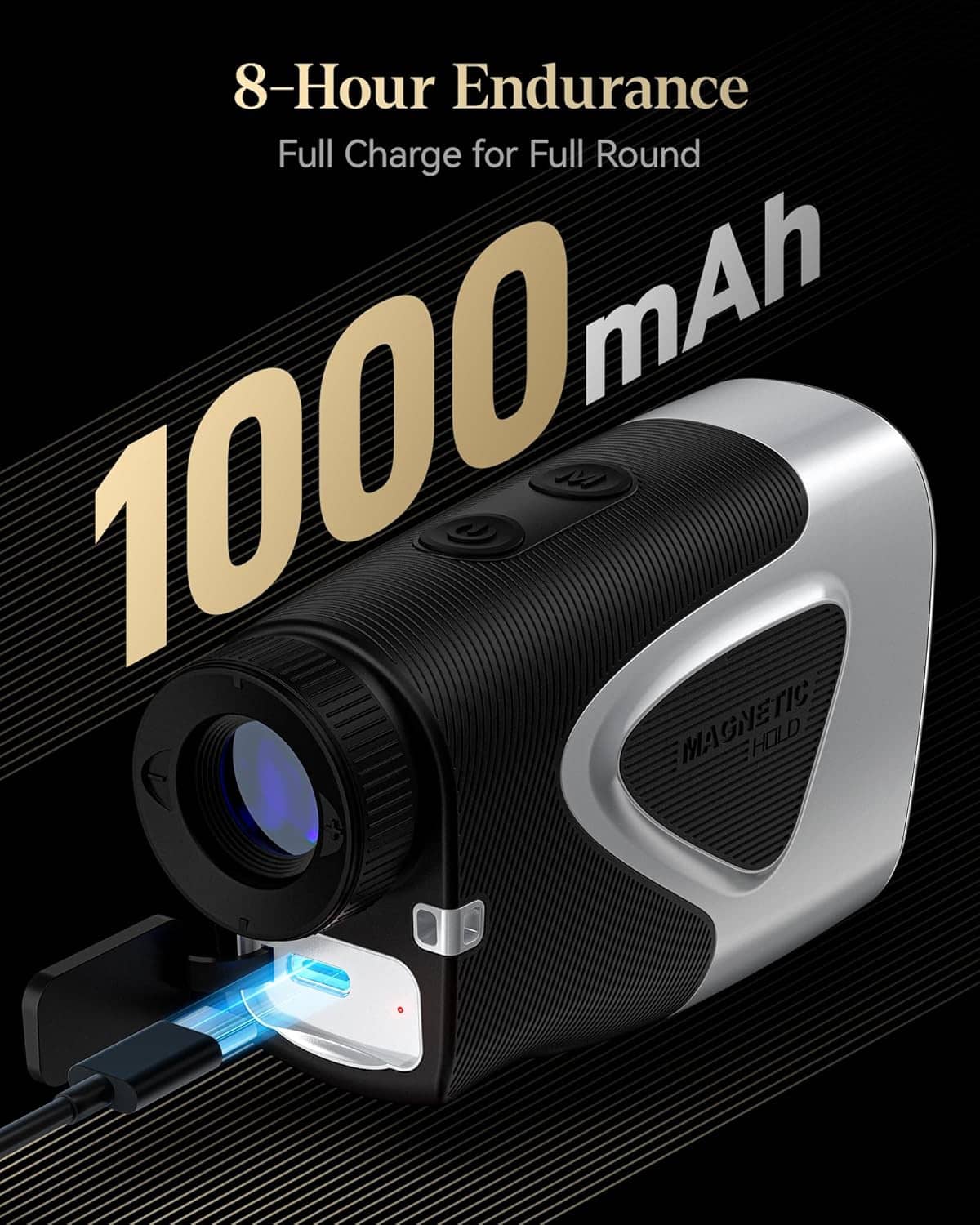 Golf laser rangefinder with 1000 mAh battery label and charging port, silver and black