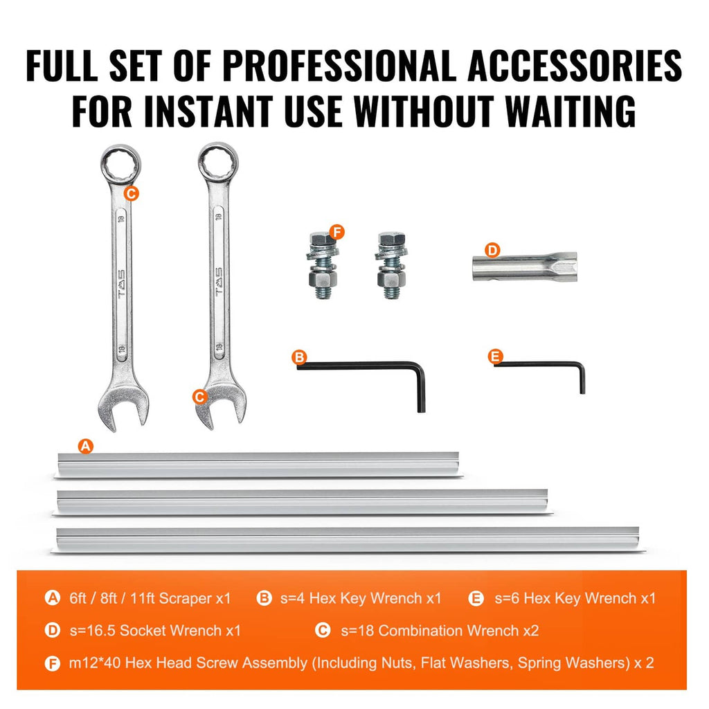 Concrete screed accessory set with aluminum scraper rails, wrenches, hex keys, and screws