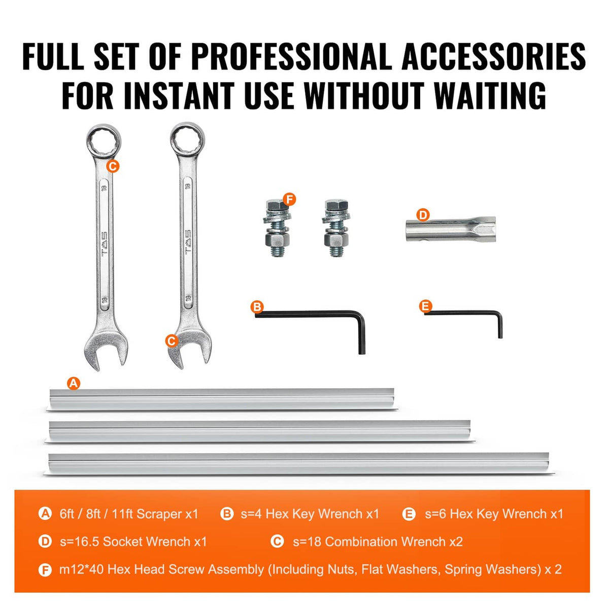 Concrete screed accessory set with aluminum scraper rails, wrenches, hex keys, and screws