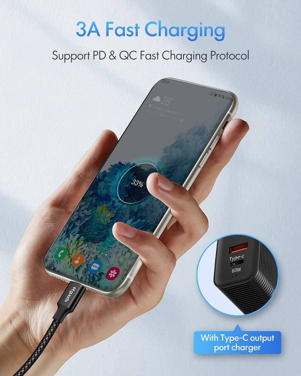 Black USB-C cable charging a smartphone, with fast-charging connector shown.