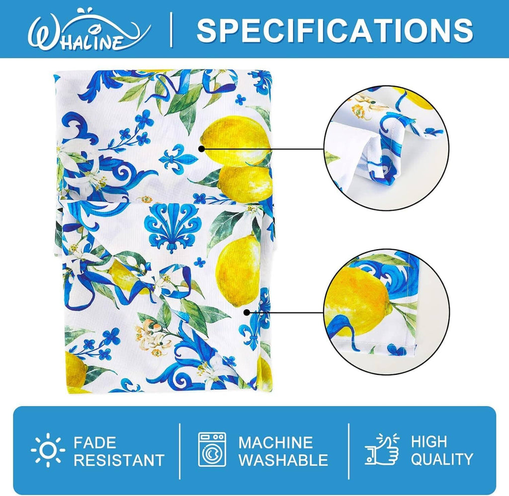 Tablecloth specs card showing yellow lemon and blue floral pattern with care icons