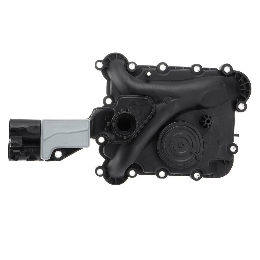 Black PCV oil separator housing with gray vent connector and circular diaphragm area