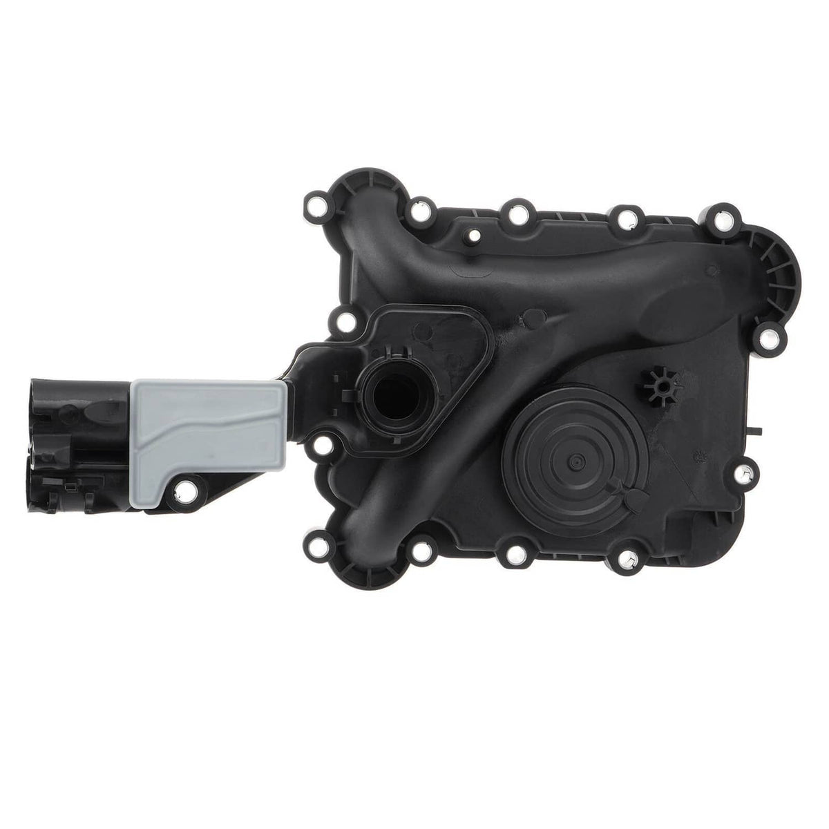 Black PCV oil separator housing with gray vent connector and circular diaphragm area