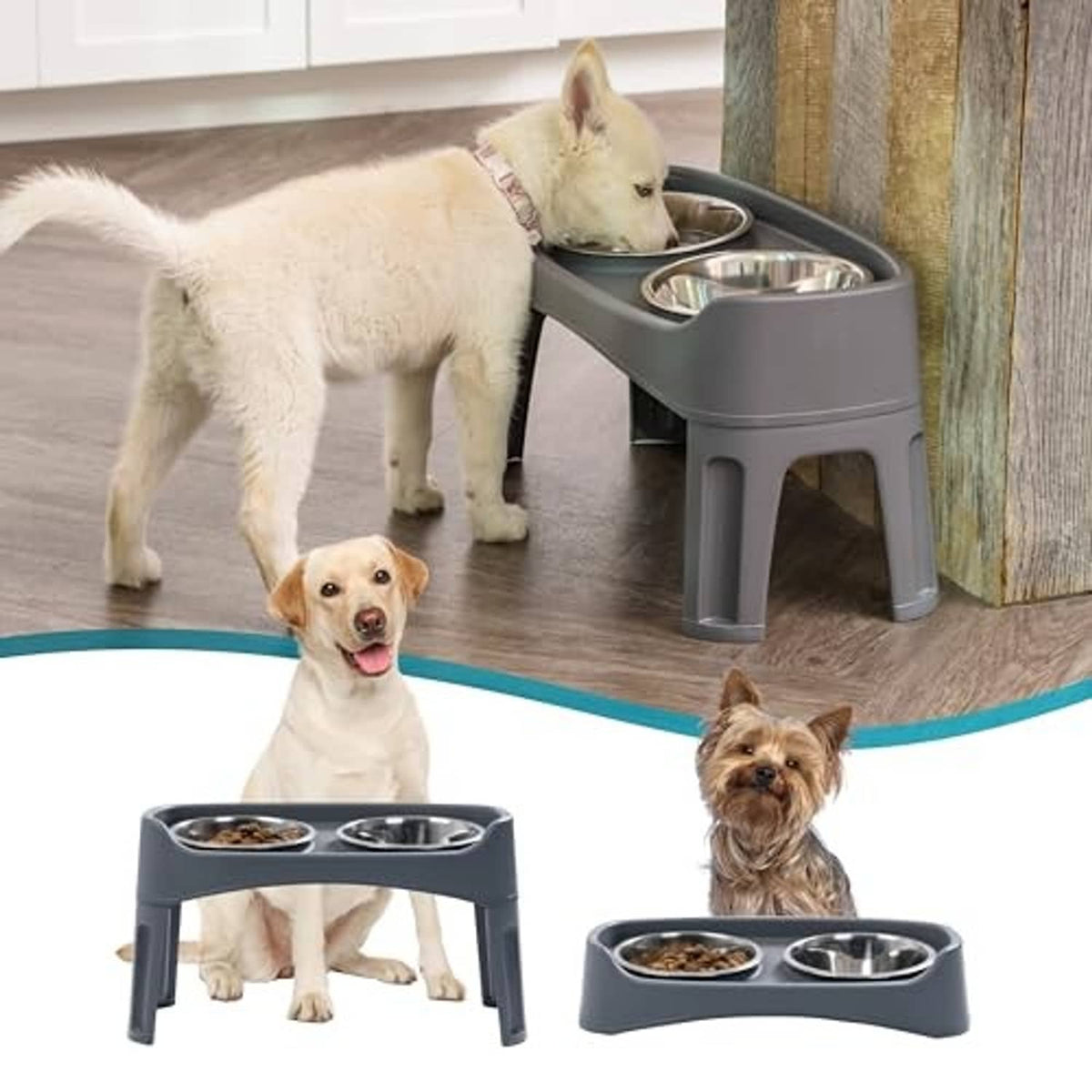 Gray elevated dog feeding stand with two bowls, stainless steel and kibble