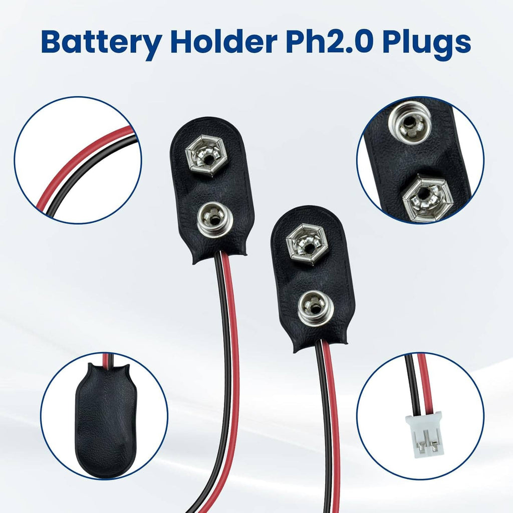 Dual 9V battery holder leads with two black snap clips and PH2.0 plug connectors